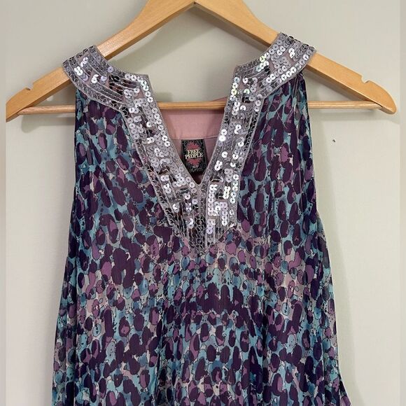 Free People Tunic Top Asymmetrical Purple Blue Sequin Collar Boho Lined Flowy - Picture 2 of 11